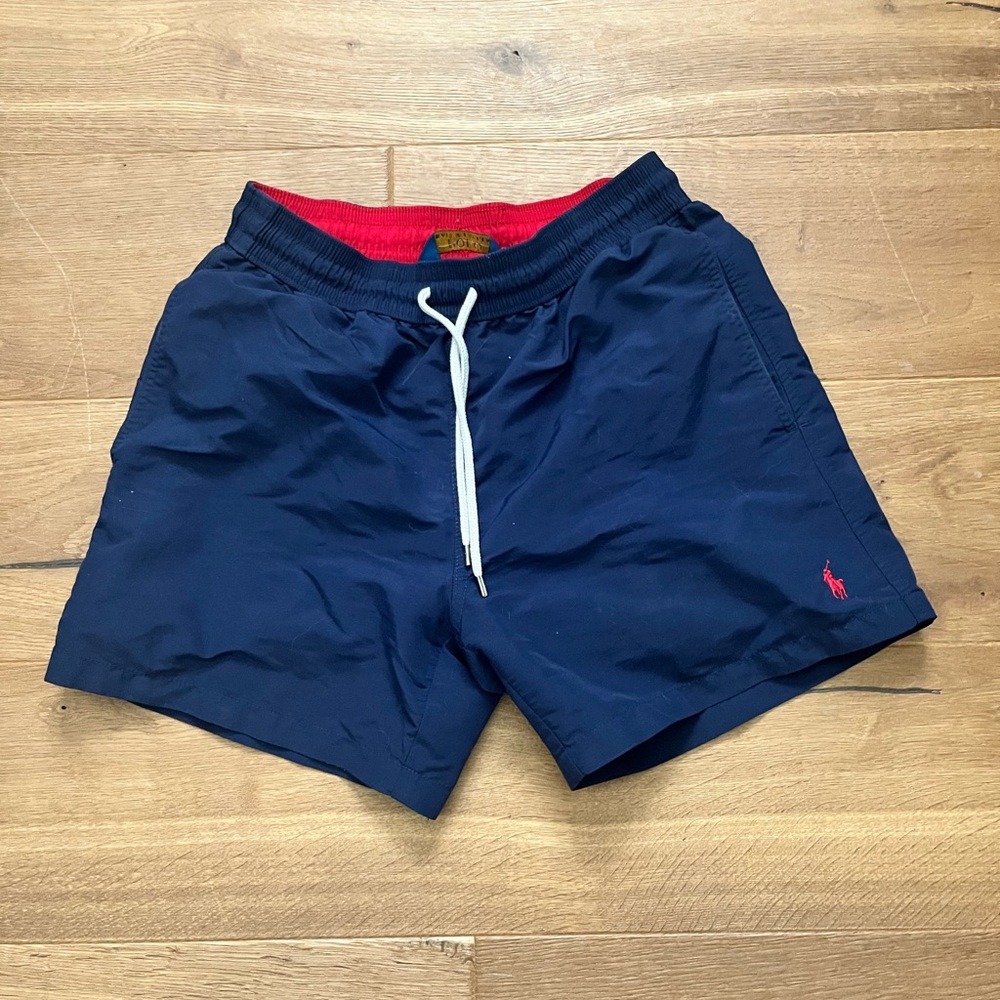 Polo by Ralph Lauren Blue and Red Swim Trunks with Drawstring Waist